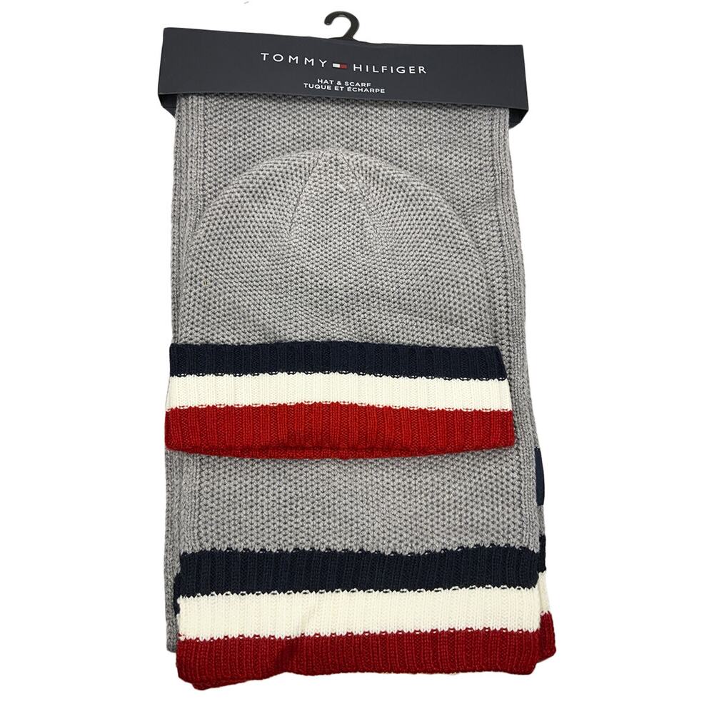 NWT TOMMY HILFIGER MEN GRAY ONE SIZE FITS ALL BEANIE HAT & SCARF SET